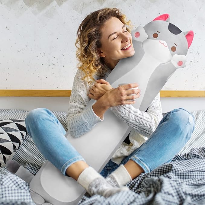 Long Cat Plush Kids Body Pillow, 20 Inch Cute Gray Cat Stuffed Animals Soft Plushies, Kitten Kawaii Plush Throw Pillow Doll Toy Gift for Girlfriend