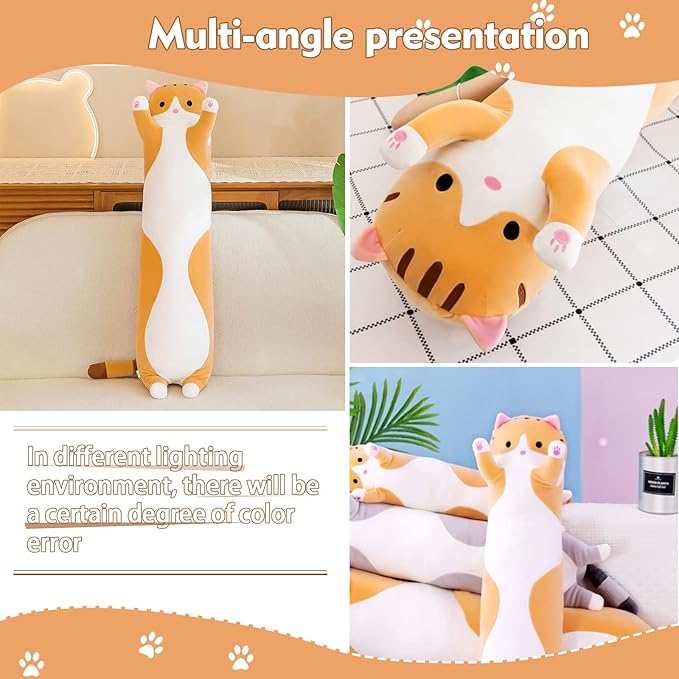 Long Cat Plush Pillow, 35.4in Cute Cat Plushie Stuffed Animals Body Pillow, Yellow Kawaii Kitten Soft Plushie Doll Toy Birthday Gift for Kids Girlfriend