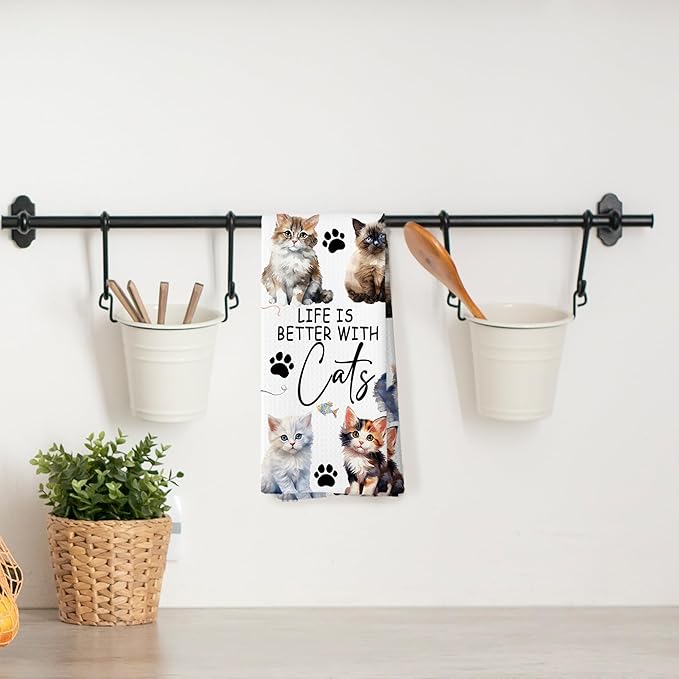 Watercolor Cat Gifts Kitchen Towels, Cat Gifts for Women, Cat Gifts for Cat Lovers, Best Cat Mom Gift, Life is Better with Cats Kitty Decoration Tea Towels Kitchen Hand Towels 16x24 Inch