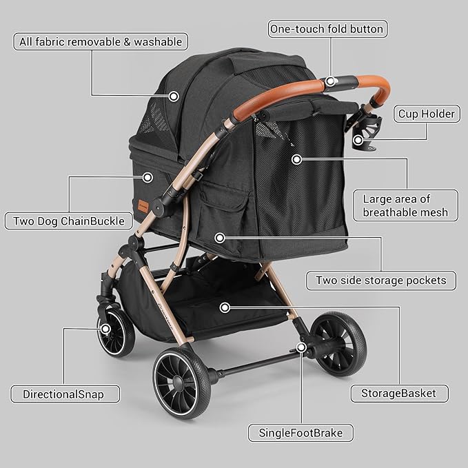EchoSmile Small Medium Dogs Stroller 4-Wheel Pet Strollers for Medium Dogs Up to 50lbs, One Click Folding Large Cat Stroller, Reversible Handle, Shock Absorbing Wheels, Removable Washable Pad