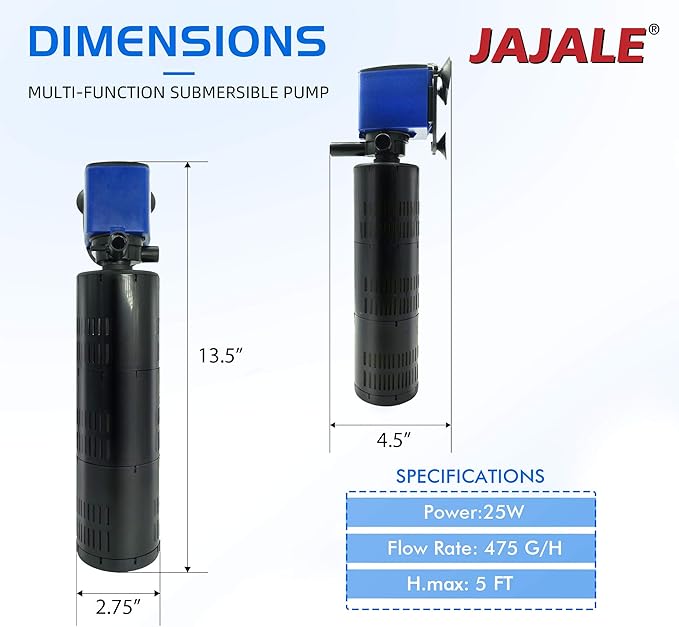 Water Pump 475 GPH 3-in-1 Submersible Internal Filter Aquarium Powerhead Water Pump Ultra Quiet for Aquarium,Fish Tank