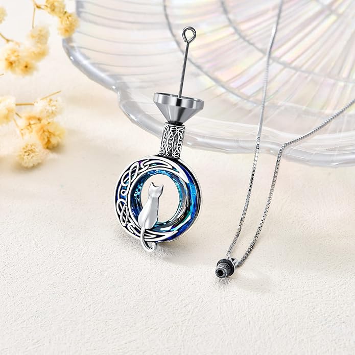 TOUPOP Cat Cremation Jewelry for Ashes Sterling Silver Cat Moon Urn Necklace that Hold Human Pet Ashes Memorial Keepsake Jewelry