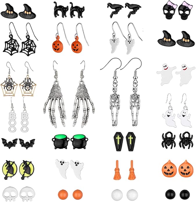 5-26Pairs Halloween Thanksgiving Fall Christmas Theme Earrings Set Holiday Earrings Halloween Stud Earrings Set Spider Pumpkin Ghost Bat Web Skull Drop Earring Holiday Jewelry Gifts
