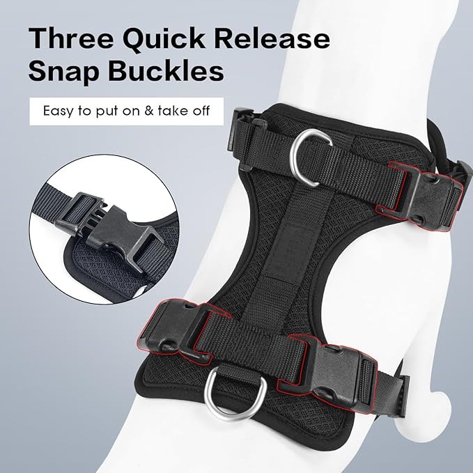 Wisedog Mesh Breathable Dog Harness: No Pull Harness with 3 Fast-Release Buckles Adjustable for Walking & Training for Small Medium Large Dogs (Black, L: Neck=20"-25"/Chest=17"-33")