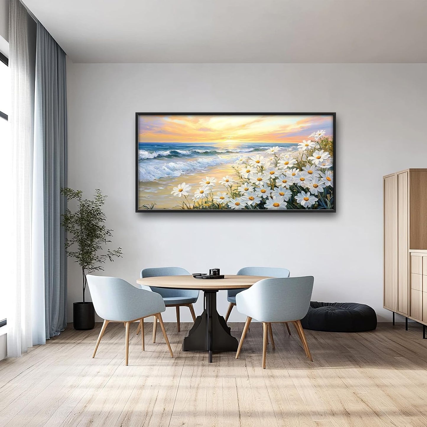 Large Beach Daisy Wall Art, Framed Coastal Beach Wall Decor for Living Room, Oversized Sunrise Canvas Painting Seascape Pictures Home Decoration for Living Room Bedroom Office 60"x30"