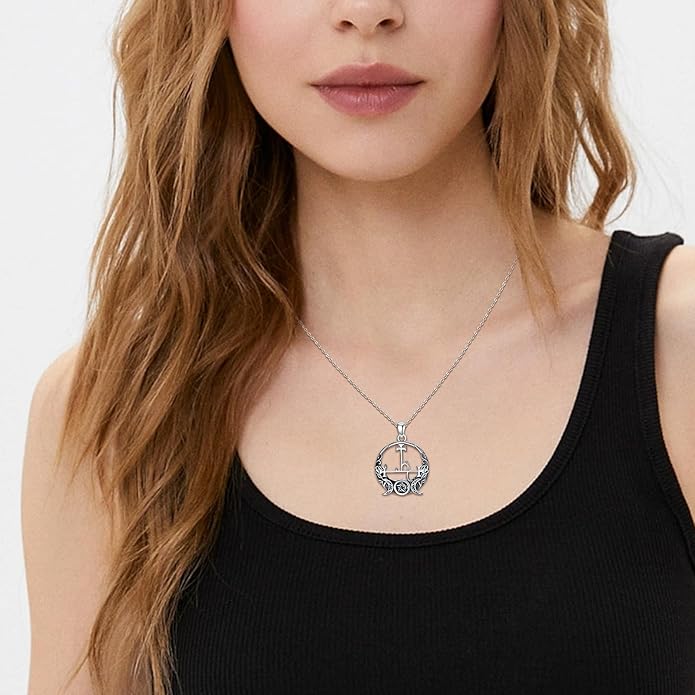Witch Necklace 925 Sterling Silver Pentagram Triple Moon Pentacle Pendant Wiccan Pagan Jewelry Witchy Gifts for Women