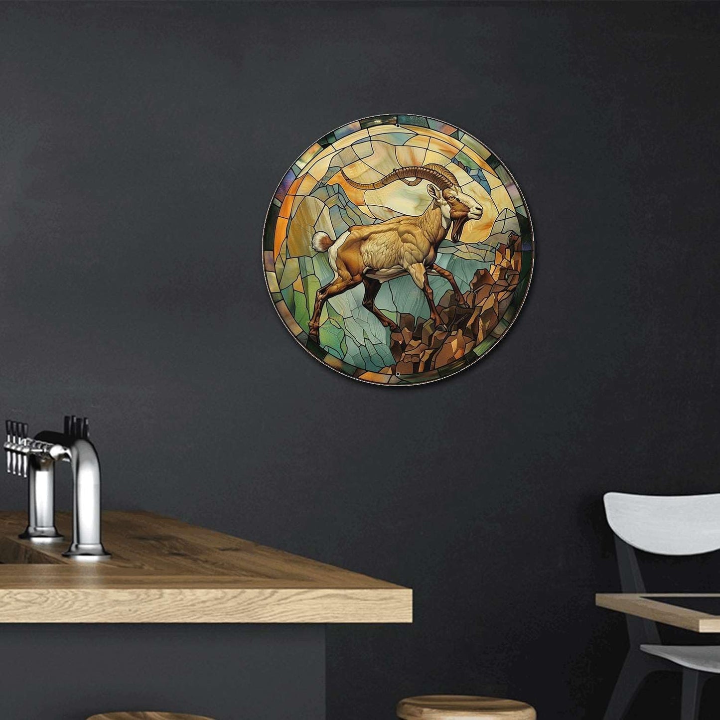 Lygond Metal Sign Tin Sign Circular Stained Glass Mountain Goat Wall Art for Bar 12×12 Inches