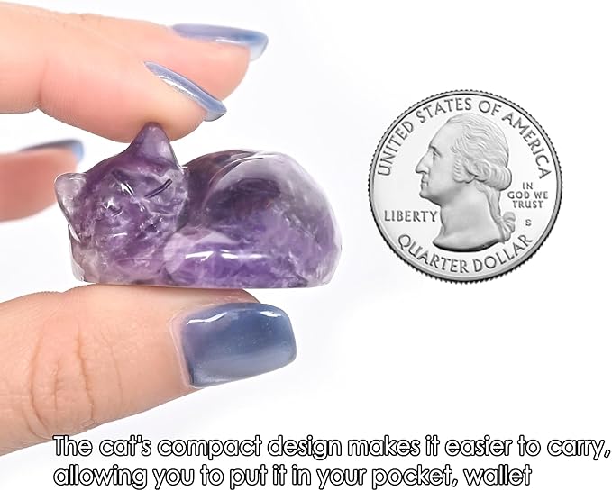 WHAL&YUNE Crystal Cat Figurine, 1PC Amethyst Gemstone Cat, Natural Sleeping Cat Ornament Hand Carved Cat Statue Cat Crystal Decoration for Cat Lovers, Gift 1.5"