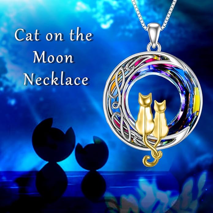 TOUPOP Cat Gifts for Cat Lovers 1 2 3 Cats Necklace Sterling Silver Cat on the Moon Pendant Necklace with Blue Circle Crystal Birthday Christmas Celtic Jewelry Gifts for Women