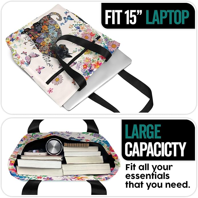Waterproof Tote Bag with Pockets and Zipper for Work. Shoulder Bag for Women. Gift for Cat Lover Cat Owner.
