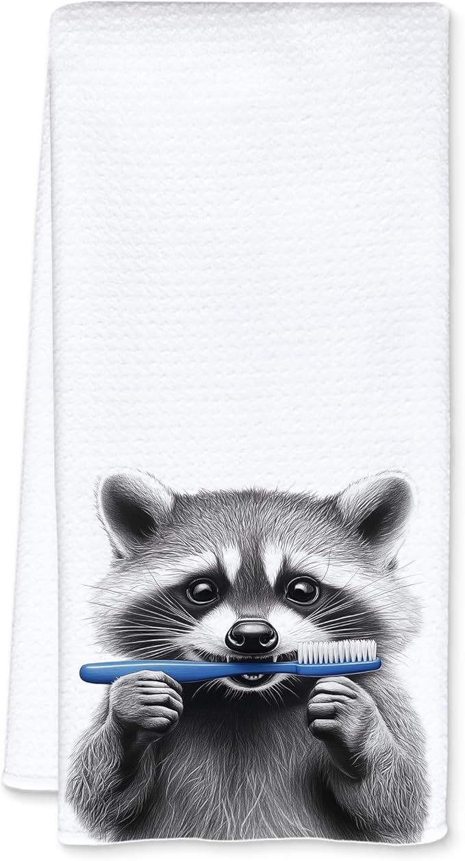 Funny Toothbrush Raccoon Bathroom Hand Towels, Raccoons Gifts Decorative Towels for Bathroom Washroom Restroom Decor, Kids Hand Towels, Gifts for Raccoon Lovers Women Men, 16x24 Inch