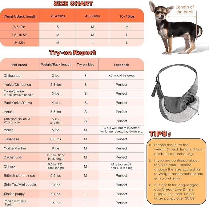 YUDODO Pet Sling Carrier for Small Dogs & Cats – Hands-Free Puppy Carrier with Safety Hook, Large Zipper Pocket, Soft Breathable Mesh, Adjustable Strap & Reflective Strip (Gray 1.0 M)