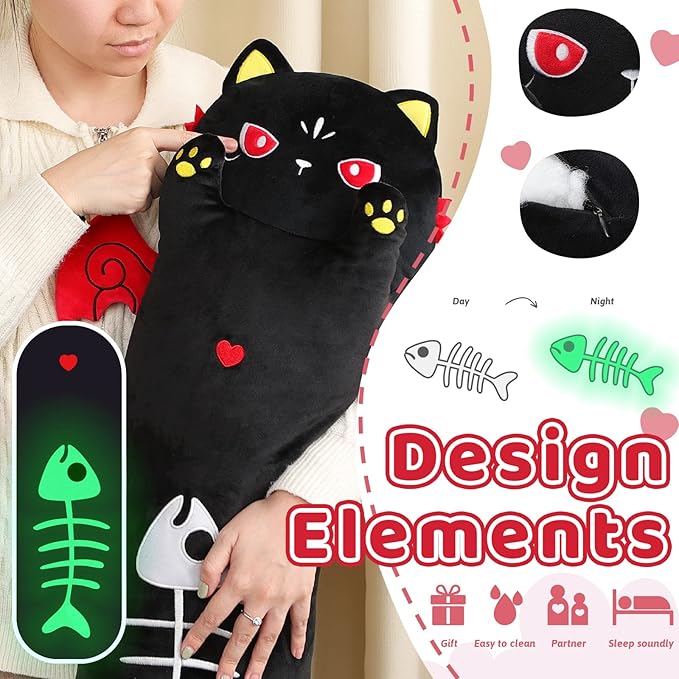 AIXINI Long Cat Plush Pillow Luminous Light Up Black Cat Stuffed Animals, Soft Kawaii Kitten Plushies Pillow Toy for Kids (Luminous,27.5inch)