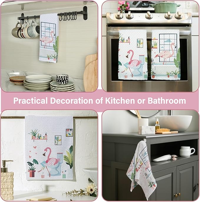 Pink Flamingo Decor Kitchen Towels for Bathroom Set of 2, Flamingo Bathroom Decor, Flamingo Gifts for Women, Cute Flamingos Waffle Weave Dish Towels 18x26 Inch