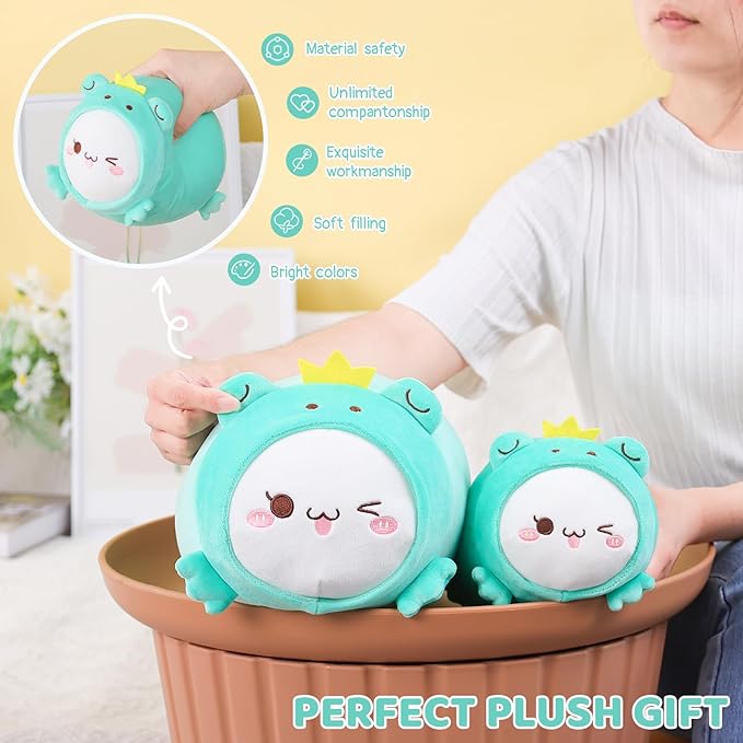 AIXINI Cute Cat Frog Plush Pillow 8” Kitten Froggy Stuffed Animal, Soft Kawaii Cat Plushie with Frog Outfit Costume, Hugging Plush Squishy Pillow Toy Gifts for Kids