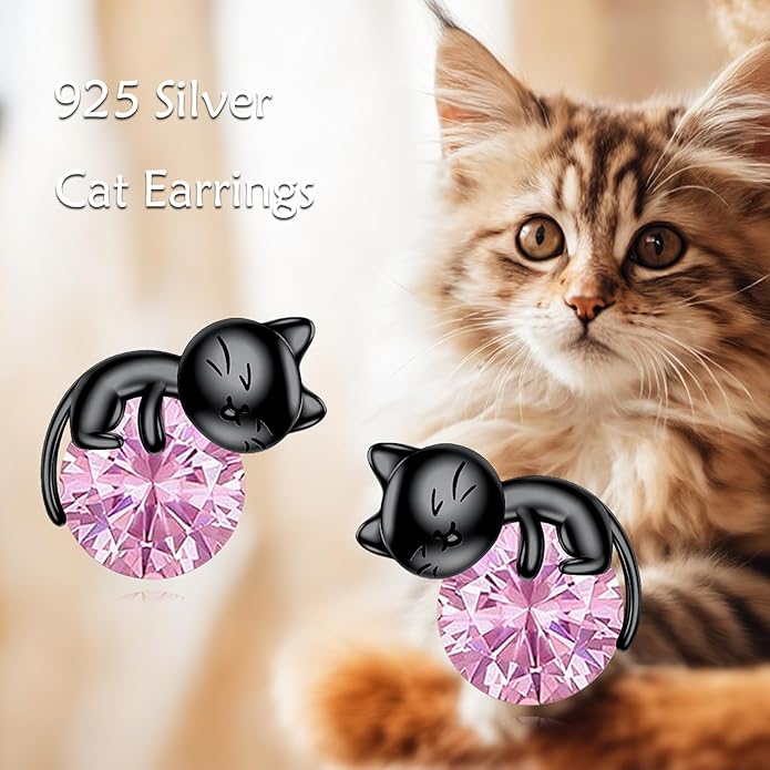 Sterling Silver Birthstone Black Cat Stud Earrings - Cat Birthstone Earrings for Women's Birthday Gift