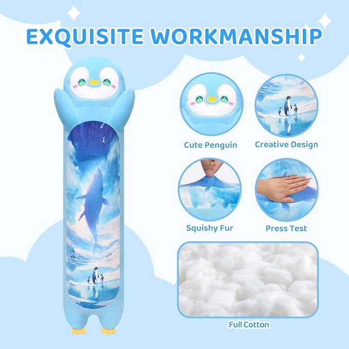 Long Plush Body Pillow, Cute Stuffed Animal, Big Cuddle Toy - Penguin Design, 20 Inches
