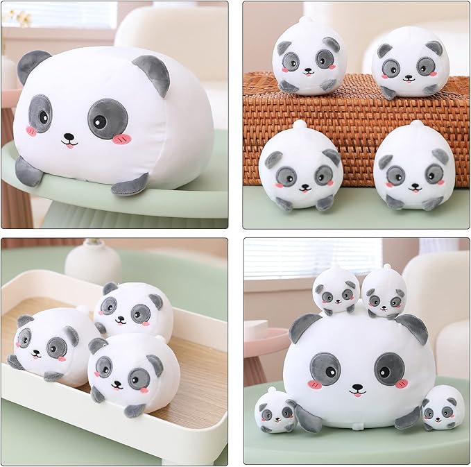 SQEQE Panda Mommy Stuffed Animal with 4 Baby Pandas, Super Soft Cartoon Hugging Toy Gifts for Girls Boys Birthday