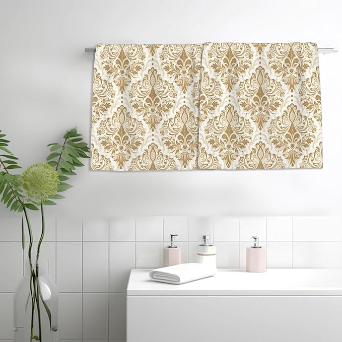 Vintage Damask Hand Towels for Bathroom,Gold Orient Flower Hand Bath Towels Soft Absorbent Dish Towels for Kitchen Bathroom Gym Beach Decorative Towels,Set of 2