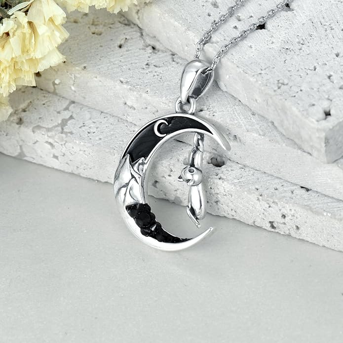 Gothic Jewelry Bat/Cat/Wolf/Dragon/Owl/Fox/Spider/Sun Pendant Sterling Silver Crescent Moon Necklace for Women Girls Black Jewelry Gifts