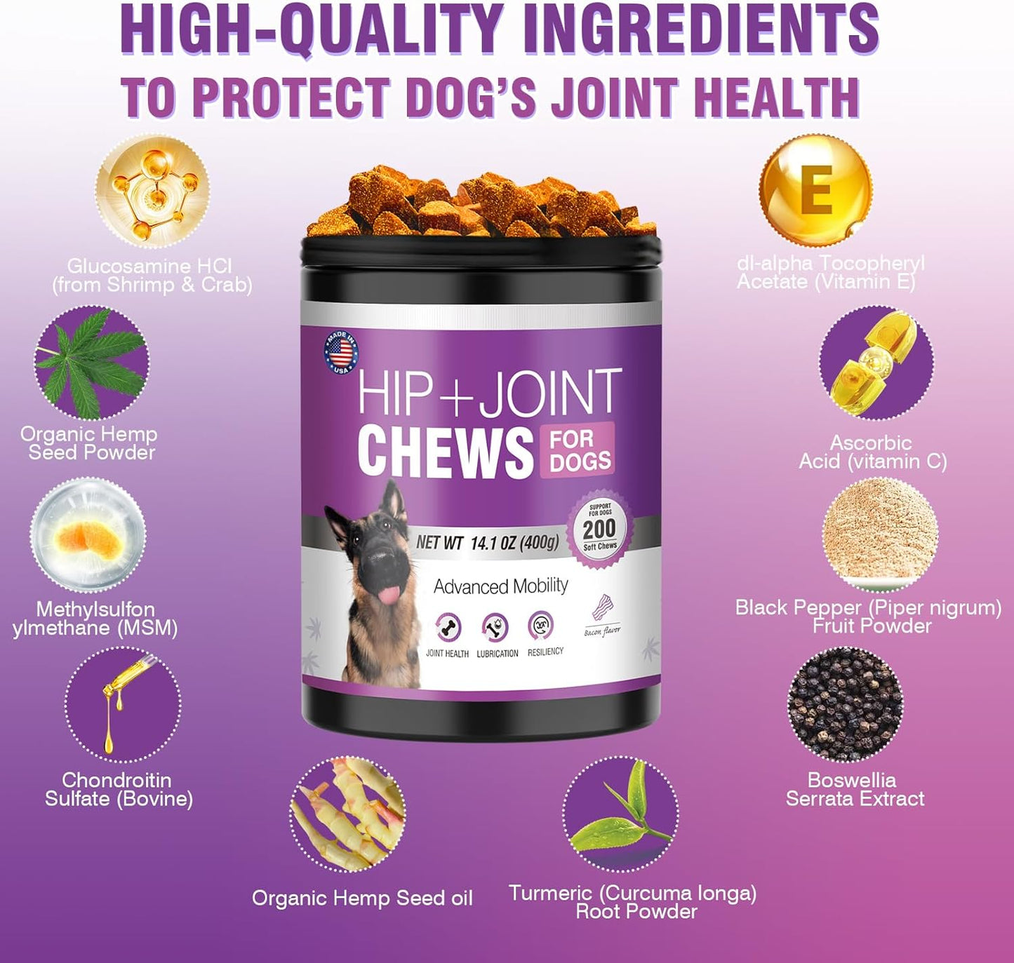 Glucosamine for Dogs 200pcs Joint Support Supplement Dog Hip and Joint Chondroitin Chews Treats with MSM Hemp Dog Joint Pain Relief Mobility Supplements Bacon Flavor Fit All Large Small Medium Breed