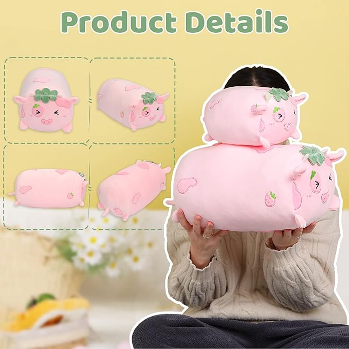 AIXINI Cute Strawberry Cow Plush Pillow 15.7” Cow Stuffed Animal, Soft Kawaii Plushies Hugging Plush Pillow Toy Gifts