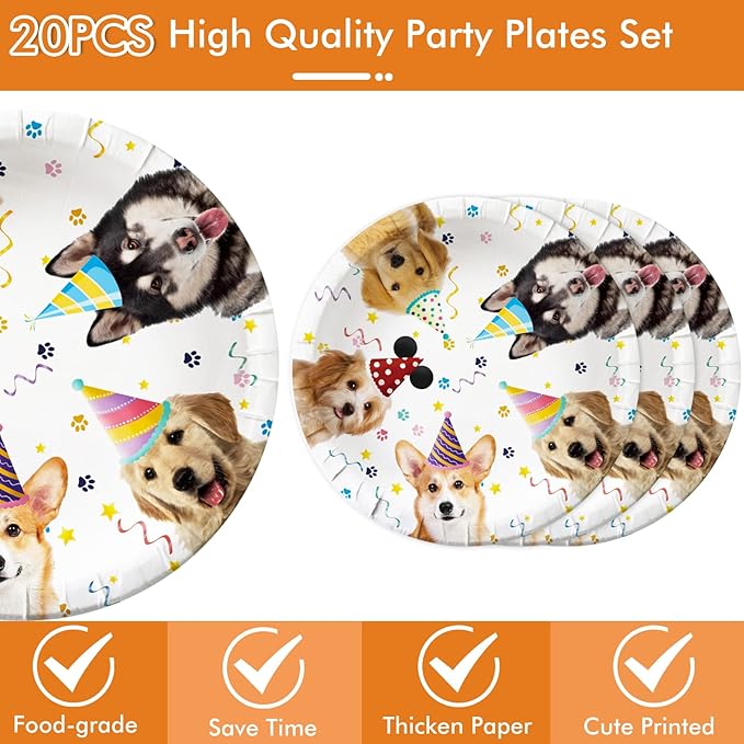 41 Pieces Dog Birthday Party Supplies, Puppy Party Tableware for Kids Party Decorations Includes 20 Plates 20Napkins and 1 Tablecloth for Puppy Theme Party Supplies