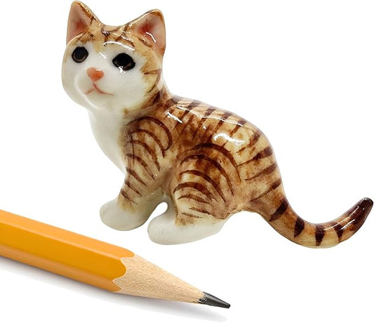 WitnyStore Tiny 1½" Long Brown White Tabby Shorthair Cat Tiptoeing Figurine - Miniature Hand Made Painted Ceramic Cats Kitten Feline Animal Cute Porcelain Decorative Collectible Figurines Décor Gifts
