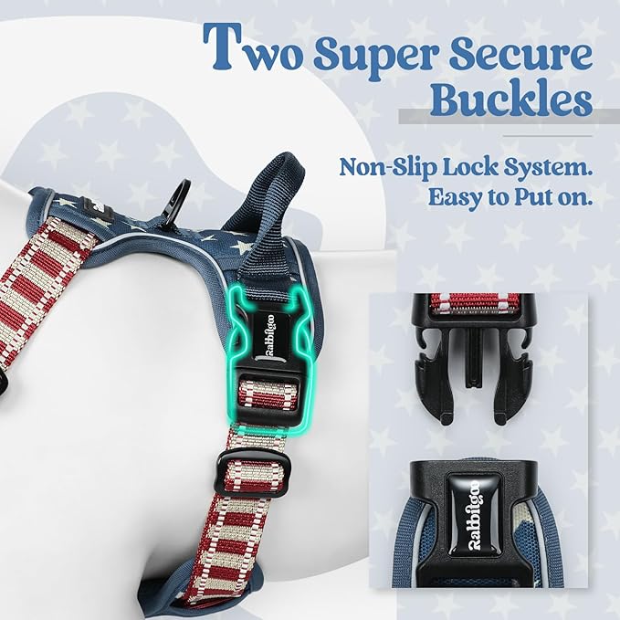 rabbitgoo Dog Harness No Pull with 2 Leash Clips, Adjustable Soft Padded, Reflective Oxford No Choke Pet Vest with Easy Control Handle for Large Dogs, Blue Star, XL