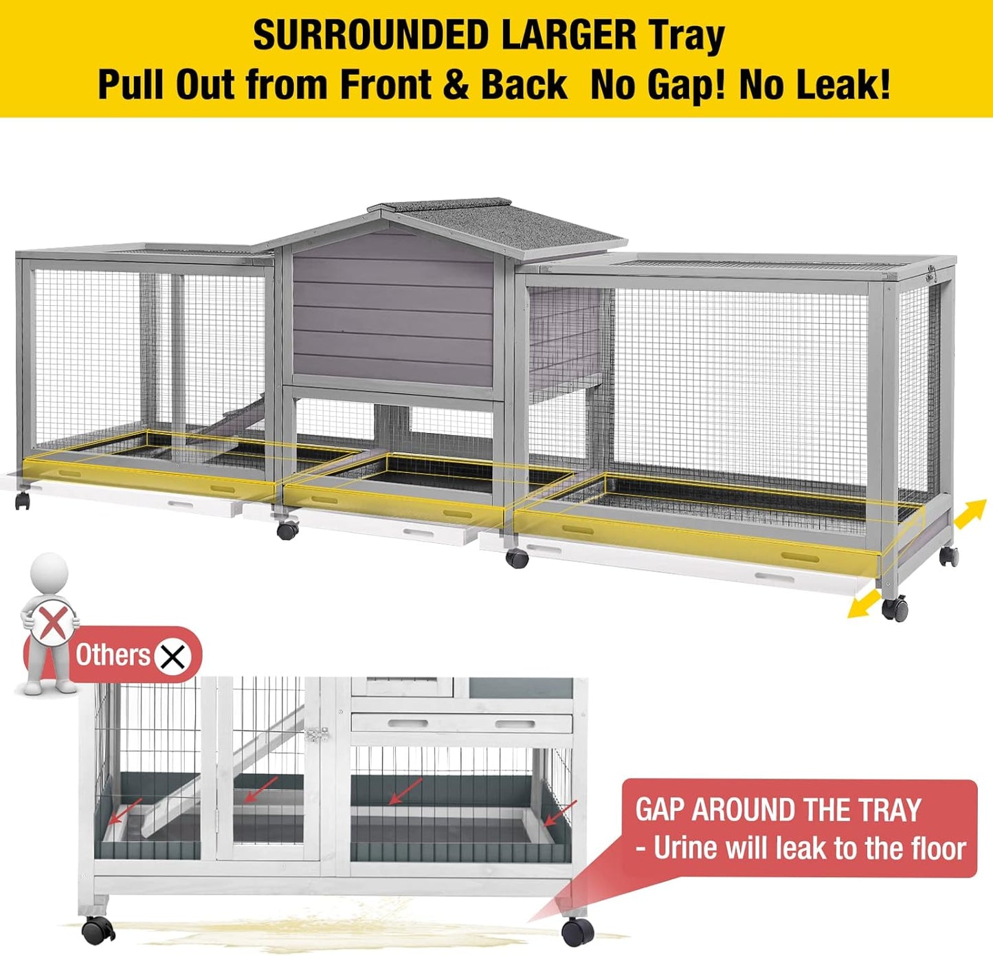 Aivituvin Rabbit Hutch 93.7" Large Rabbit Cage Indoor Outdoor Guinea Pig Cage Chicken Coop on Wheels Bunny Cage with 4 Deep No Leakage Pull Out Tray,Waterproof Roof