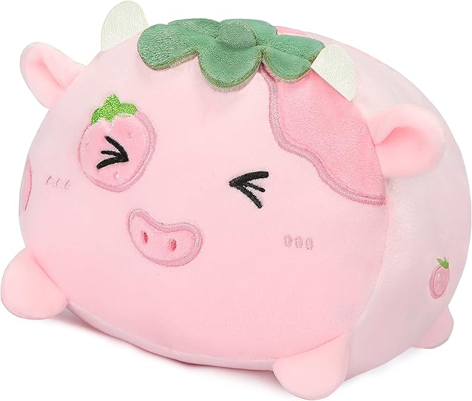AIXINI Cute Strawberry Cow Plush Pillow 15.7” Cow Stuffed Animal, Soft Kawaii Plushies Hugging Plush Pillow Toy Gifts