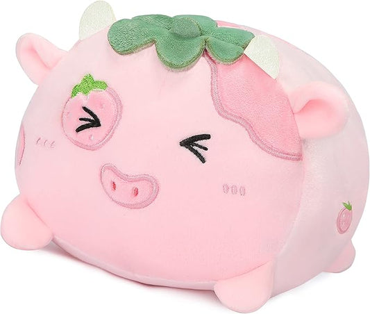 AIXINI Cute Strawberry Cow Plush Pillow 15.7” Cow Stuffed Animal, Soft Kawaii Plushies Hugging Plush Pillow Toy Gifts