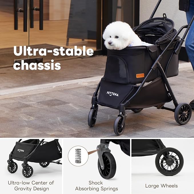 【One-Pull Open Ver.】 PETTENA One-Touch Foldable Dog Stroller for Small Dogs Cats up to 44 Lbs, Cat Stroller for 2 Cats, Large Space, Black