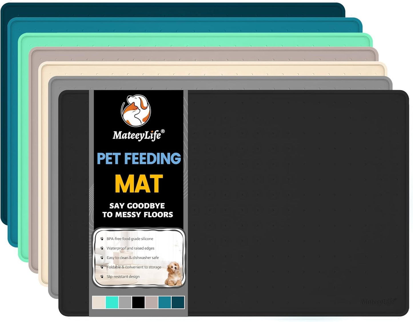 MateeyLife Dog & Cat Food Mat for Floors Waterproof, Nonslip Dog Bowl Mats for Food and Water, Dog Feeding Mats with Raised Edges, Silicone Cat & Dog Water Matt Tray for Messy Drinkers, 18"x12", Black