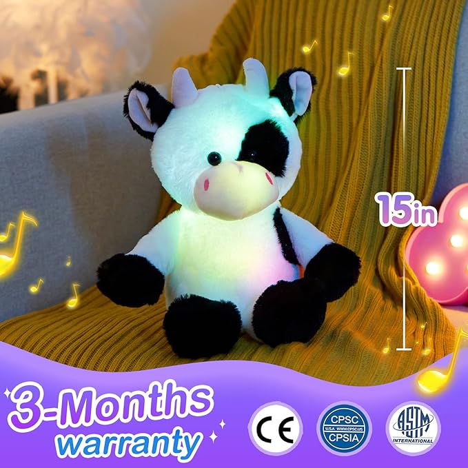 Glow Guards 15'' Light up Music Cow Stuffed Animals Glowing Singing Soft Plush Toy with Lullaby Songs LED Night Lights for Birthday Gifts Toddler Kids Nap Time Pal