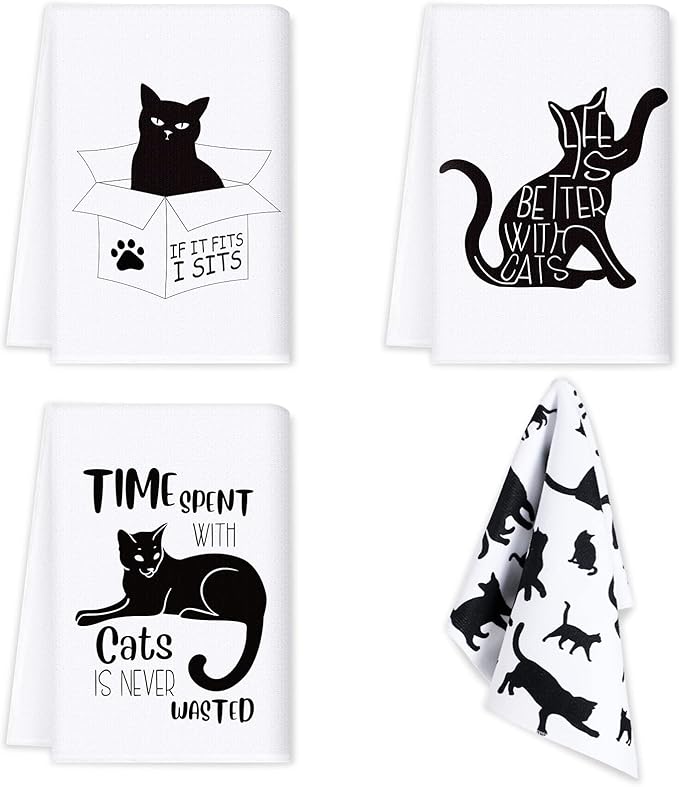 Vesici 4 Pieces Funny Cat Kitchen Towels Cute Cat Theme Dish Absorbent Kitchen Tea Farmhouse Decorative Hand Towels for Housewarming Birthday Pet Lover Fun Gift