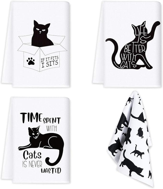 Vesici 4 Pieces Funny Cat Kitchen Towels Cute Cat Theme Dish Absorbent Kitchen Tea Farmhouse Decorative Hand Towels for Housewarming Birthday Pet Lover Fun Gift