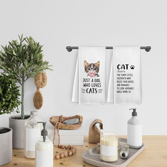 Funny Cat Kitchen Towels and Dishcloths Set of 2, Just a Girl Who Loves Cats Dish Towels, Cat Gifts for Cat Lovers, Cat Kitchen Decor, Cat Hand Tea Towels for Bathroom Kitchen, 16x24 Inches