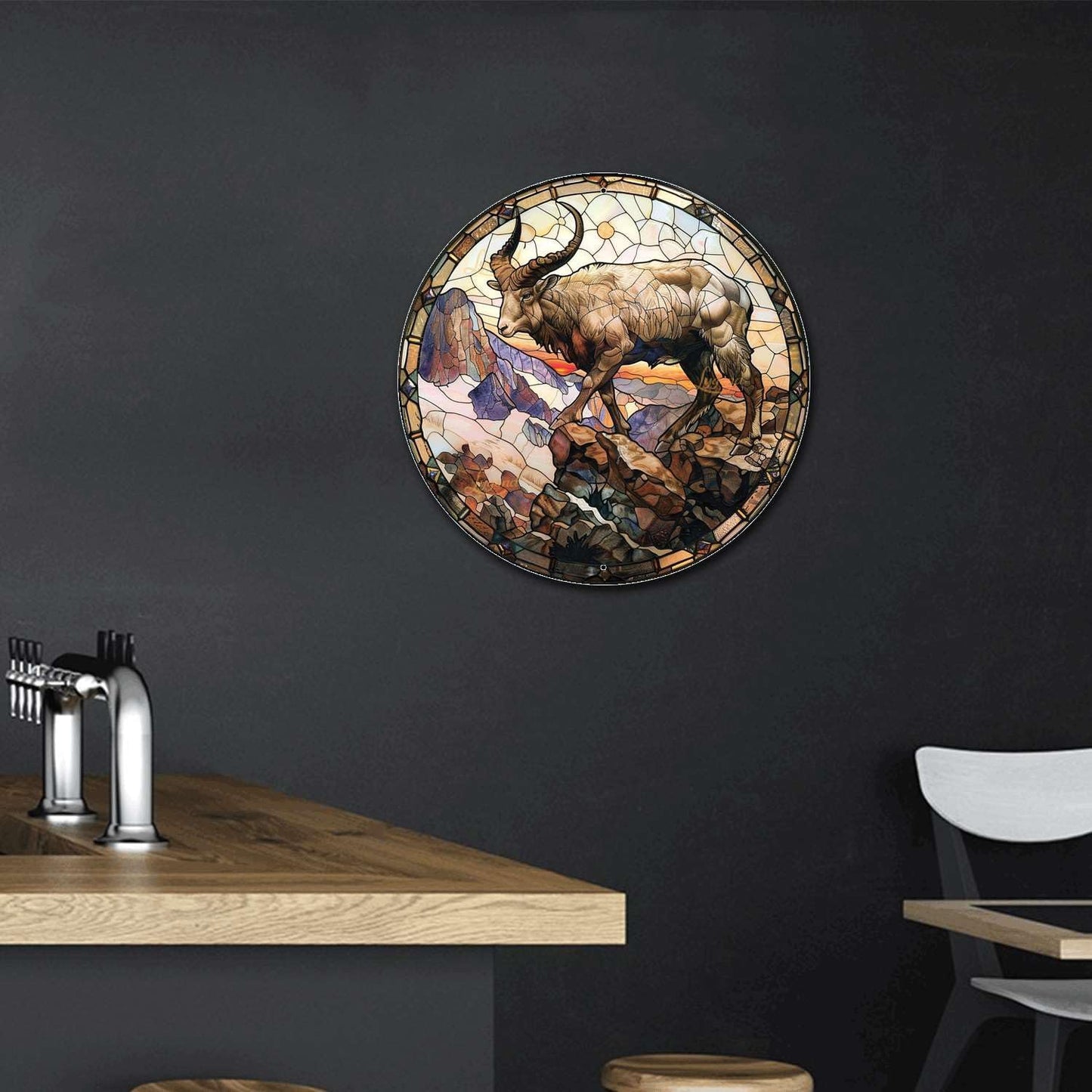 Lygond Metal Sign Tin Sign Circular Stained Glass Mountain Goat Vintage Sign For Club 8×8 Inches