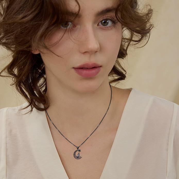 Witch Cat/Raven/Moon phase Necklace 925 Sterling Silver Celtic knot Pendant Gothic Jewelry Gifts for Women