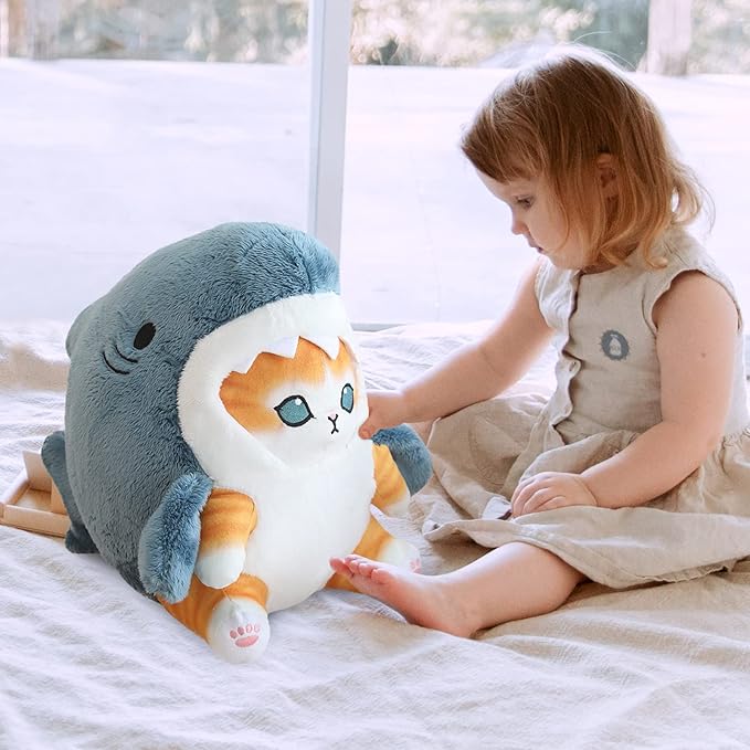 Kawaii Shark Cat Plush Toy Stuffed Animal Doll, Cute Soft Pillow Stress Release Hugs Toys Christmas Halloween Birthday Gifts for Kids Boys Girl Best Gift (Blue - Yellow,15 inch)