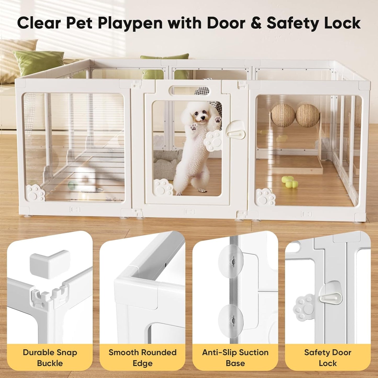 Acrylic Clear Dog Play Pen Indoors, Puppy Playpen with Door for Small Dogs Puppies, Transparent Plastic Pet Playpen Cage Fence Crate Kennel for Cat Kitten Rabbit Bunny Ferret etc (White-2 Panels)