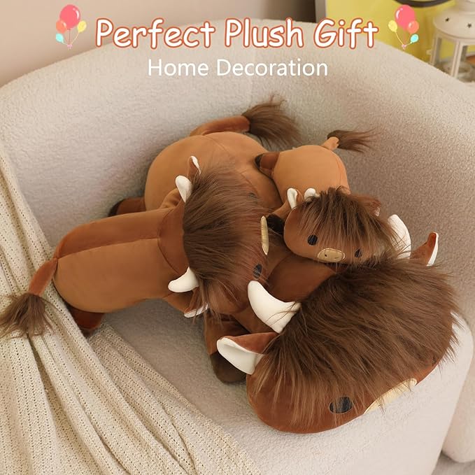 SQEQE Weighted Highland Cow Plush, Weighted Highland Cow Stuffed Animal, Cute Cow Plushies Soft Pillow Toy Gift for Kids Adults 23.6 Inch, 3.1 Lbs