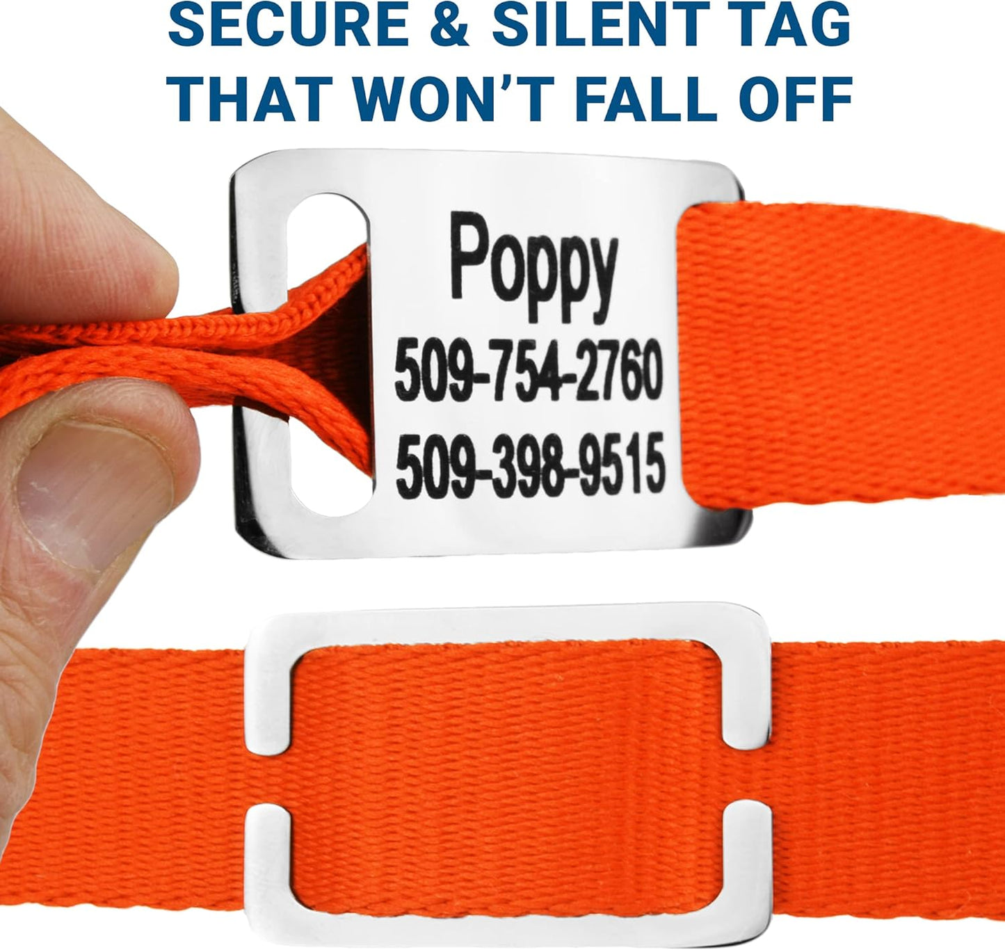 GoTags Personalized Dog Collar with Nameplate, Adjustable Dog Collar with Custom Engraved Slide On Pet ID Tag in Stainless Steel, Silent, No Noise Dog Tag for Large Medium and Small (Orange, Small)