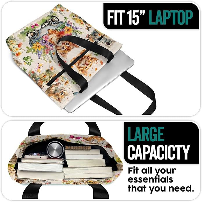 Waterproof Tote Bag with Pockets and Zipper for Work. Shoulder Bag for Women. Gift for Cat Lover Cat Owner.