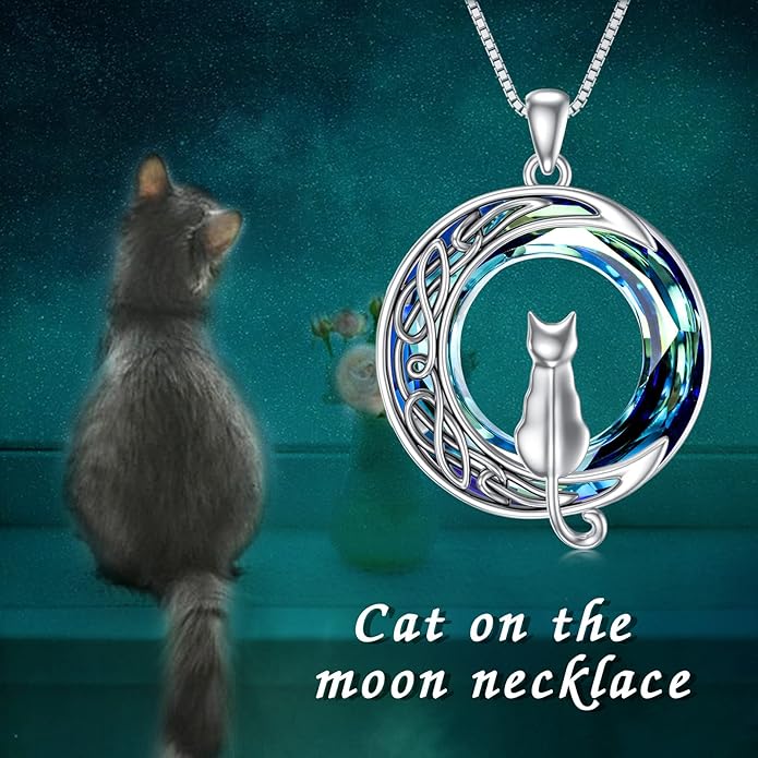 TOUPOP Cat Gifts for Cat Lovers 1 2 3 Cats Necklace Sterling Silver Cat on the Moon Pendant Necklace with Blue Circle Crystal Birthday Christmas Celtic Jewelry Gifts for Women