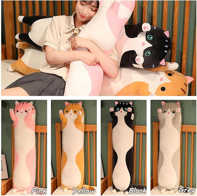 Long Cat Plush Pillow Soft Cat Hugging Pillow Stuffed Animal Pillow Cute Kitty Sleeping Throw Pillow Gift for Kids(50cm/19.68inch,Black