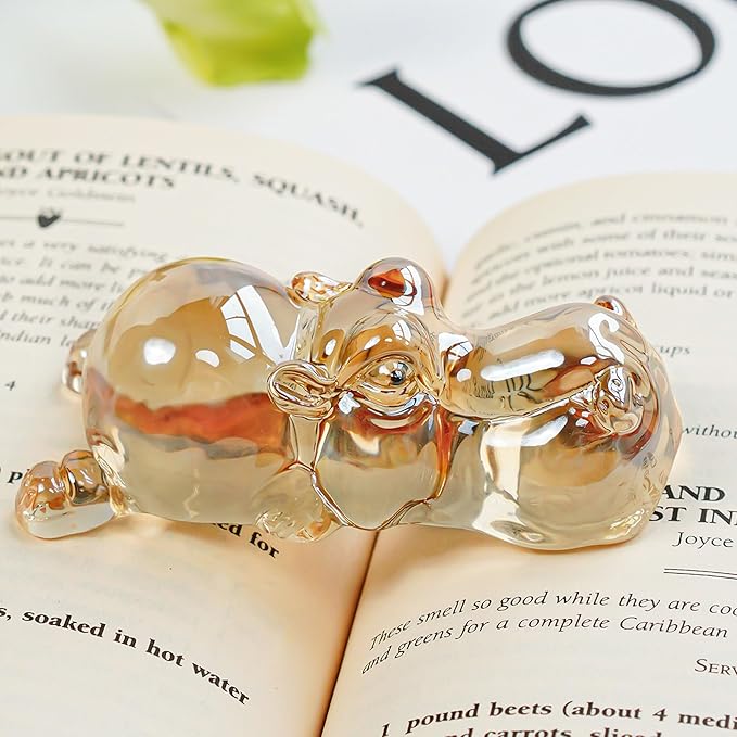 HDCRYSTALGIFTS 3'' Crystal Hippo Figurines Collectibles Gift for Women Art Glass Hippopotamus Animal Statue Wildlife Paperweight Ornaments Home Table Decoration,Champagne