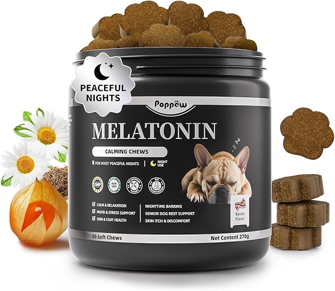 Melatonin for Dogs, Calming Chews with Valerian Root & L-Theanine for Sleep Aid & Emotional Support, Calming Treats for Stress Anxiety Relief - Thunder, Fireworks, Barking, Bacon Flavor, 90Ct