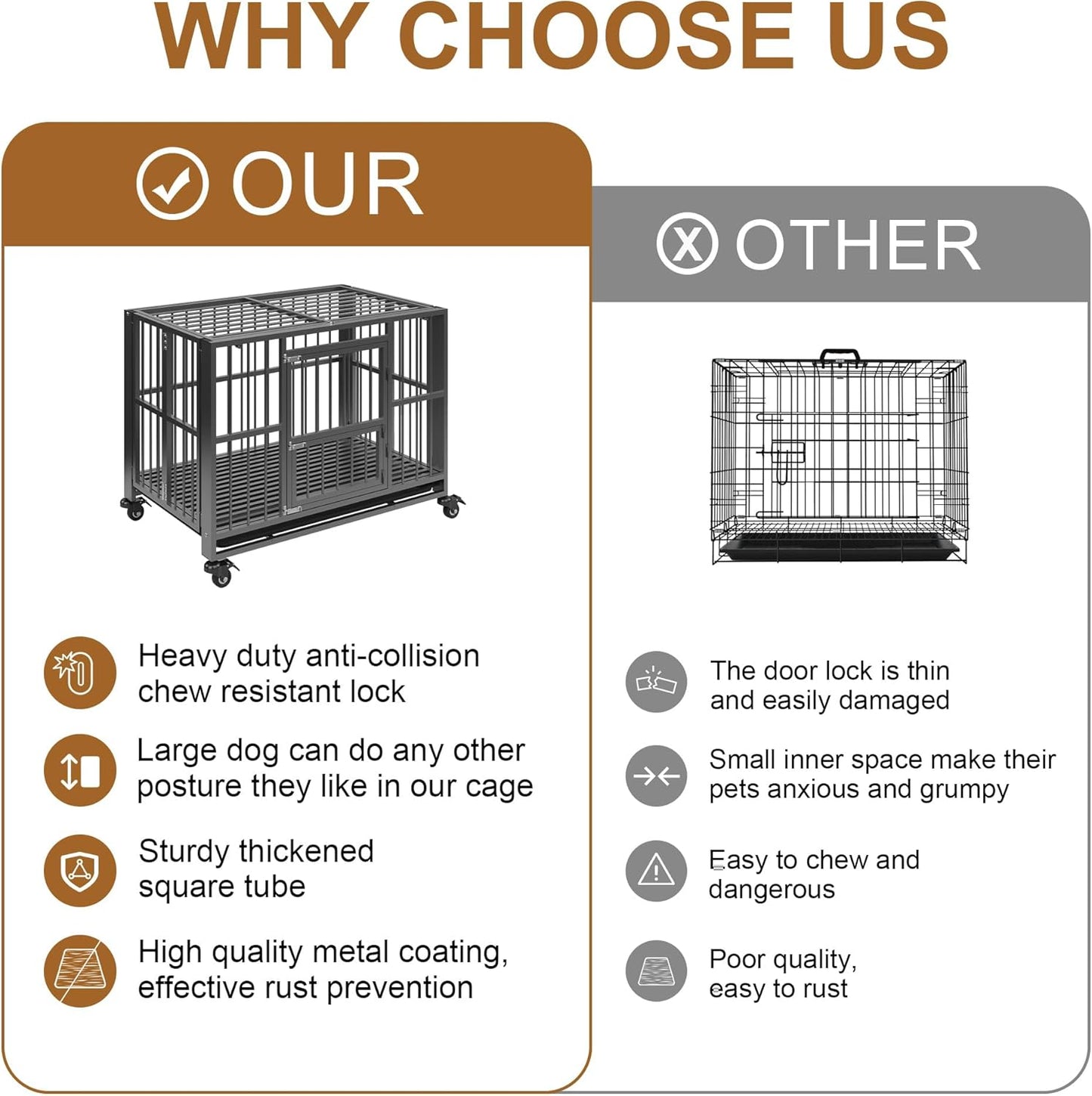 Polar Aurora Heavy Duty Dog Crate, Foldable Indestructible Dog Kennel, Escape Proof Extra Large Dog Cage with Lockable Wheels, High Anxiety Pet Playpen with Double Door for Indoor/Outdoor Use. (43in)